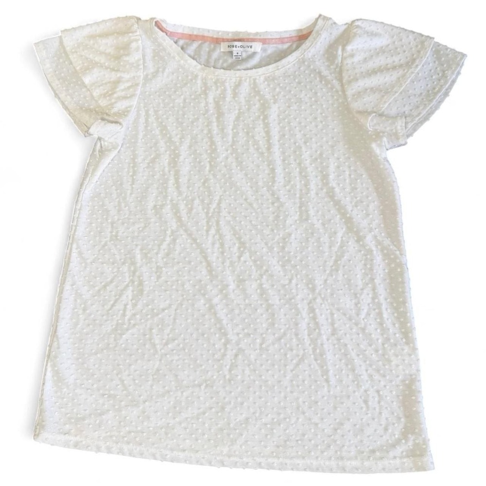 Rose + Olive White Swiss Dot Blouse with Ruffle Flutter Sleeves, Size‎ S